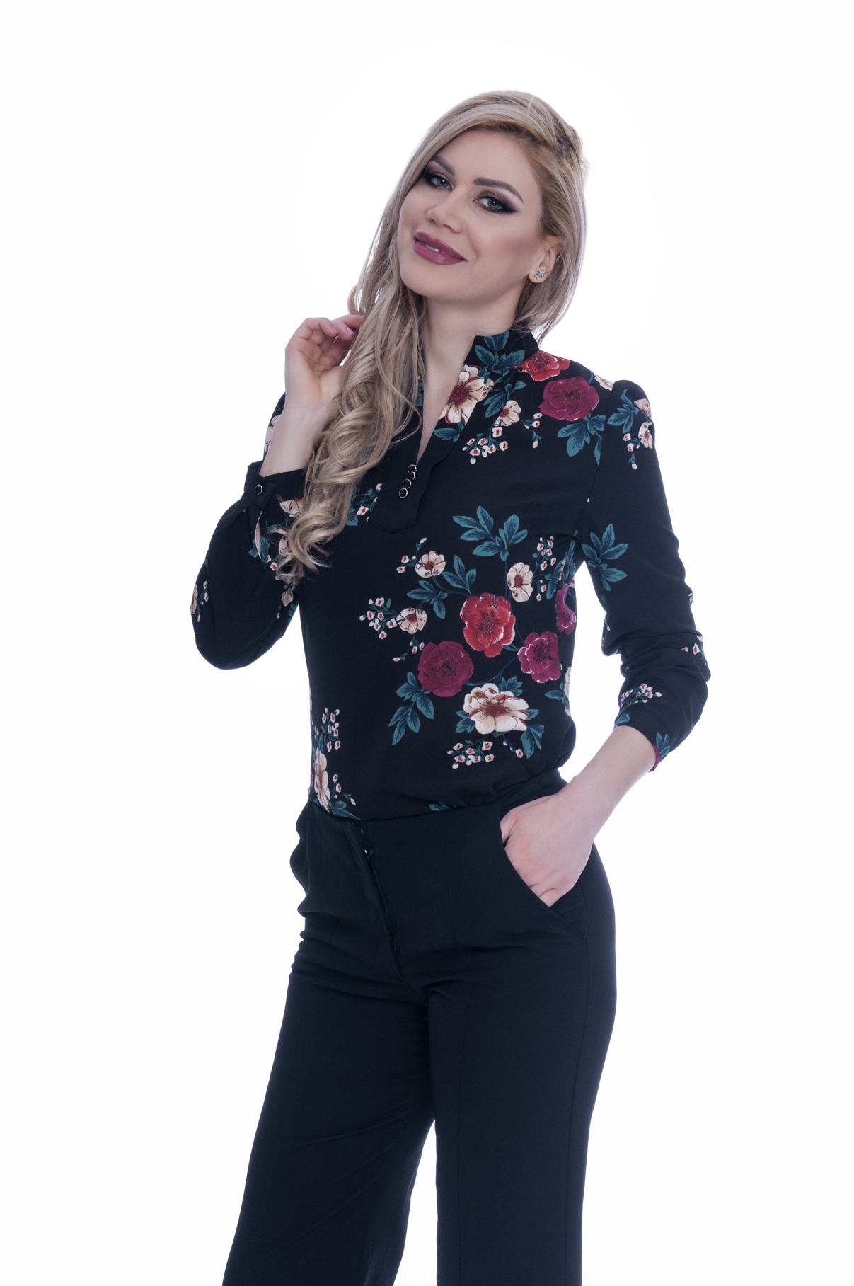 Camasa dama eleganta neagra cu flori 2