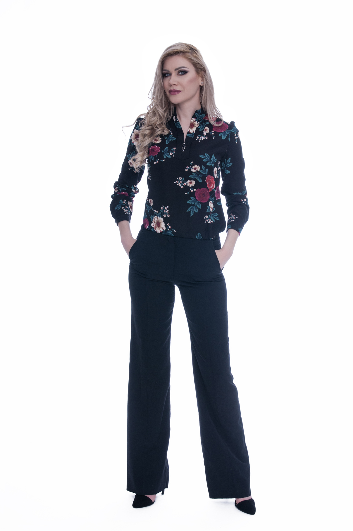 Camasa dama eleganta neagra cu flori 3