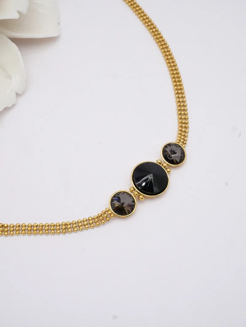 Colier choker otel inoxidabil auriu cu pietre negre 2