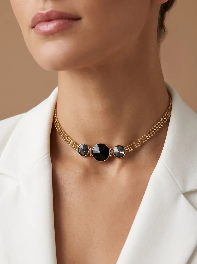 Colier choker otel inoxidabil auriu cu pietre negre