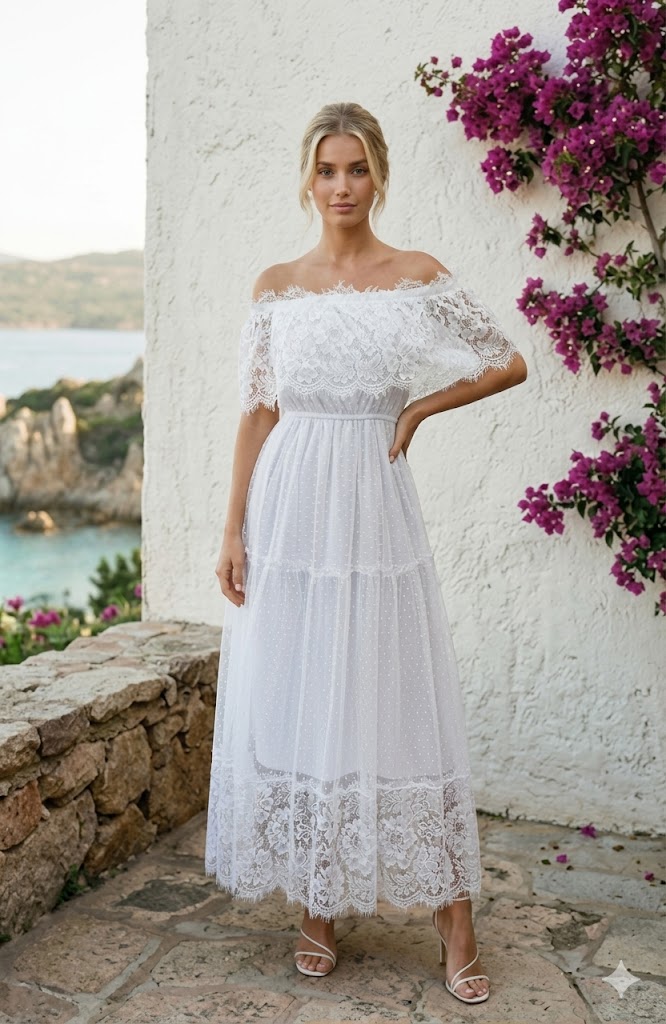 Rochie alba midi dantela cu umerii goi