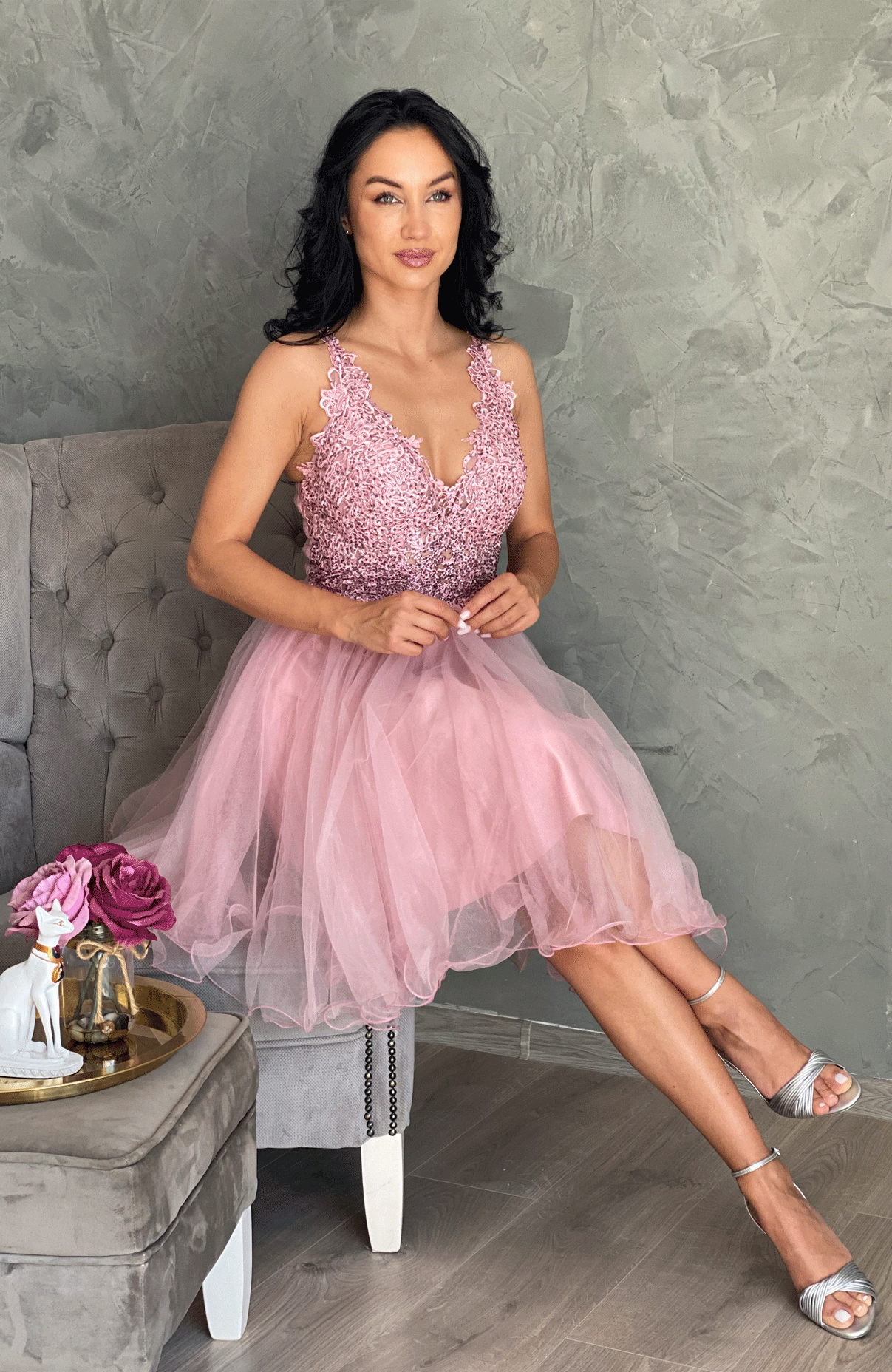 Rochie baby doll cu dantela si aplicatii pietre 7