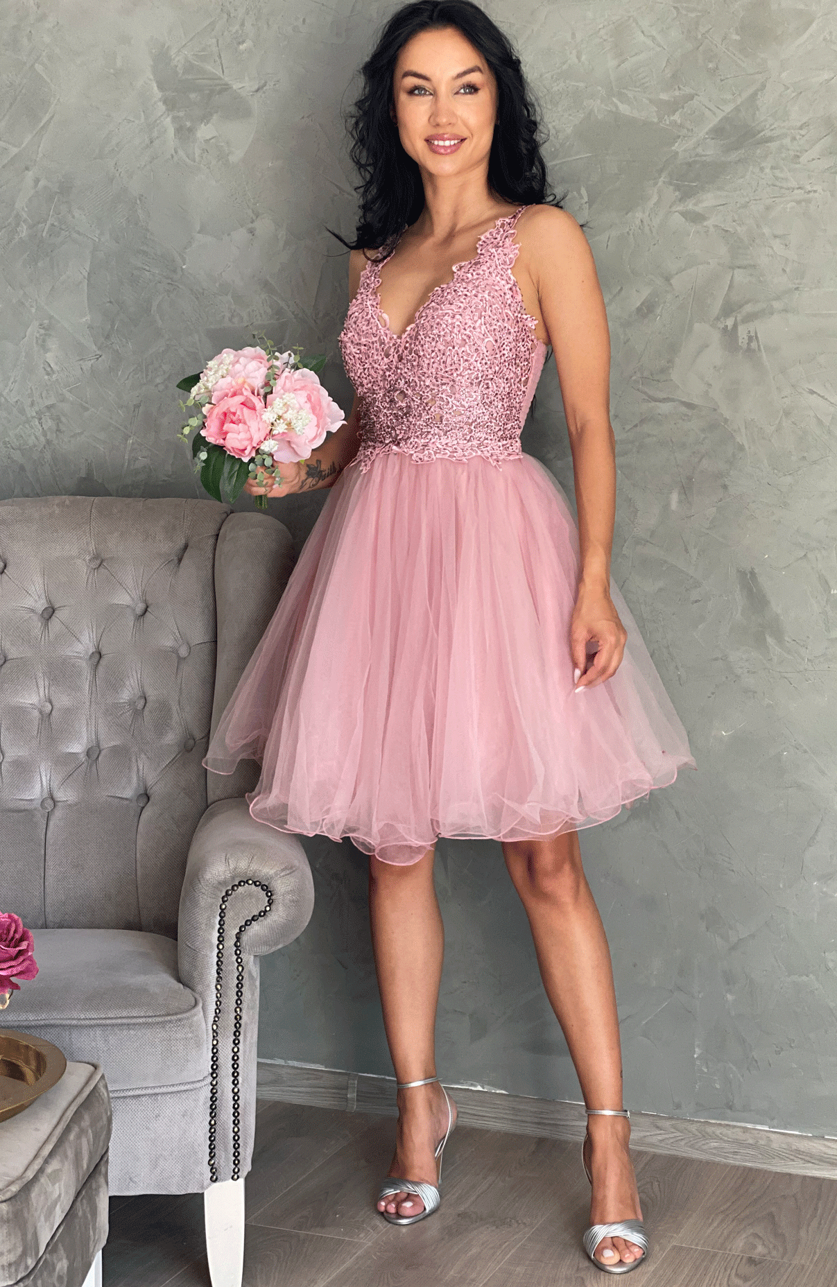 Rochie baby doll cu dantela si aplicatii pietre 2