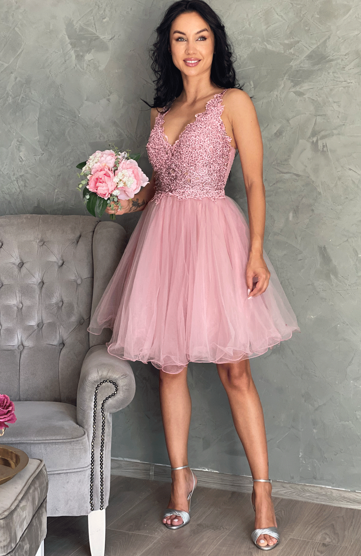 Rochie baby doll cu dantela si aplicatii pietre