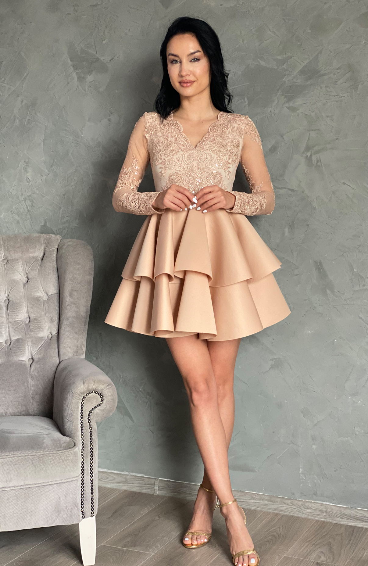 Rochie baby doll eleganta crem 5