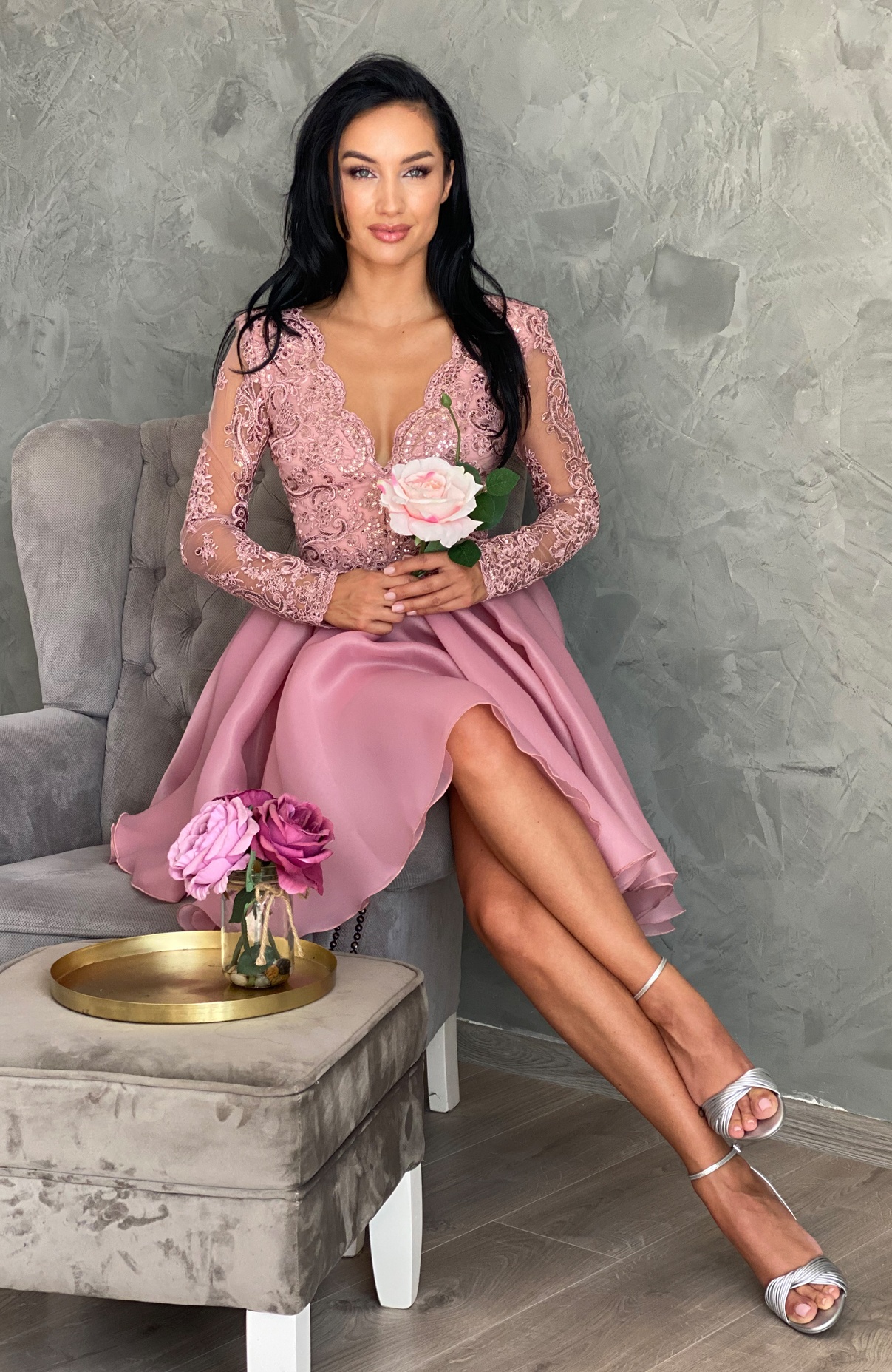 Rochie baby doll eleganta roz midi 5