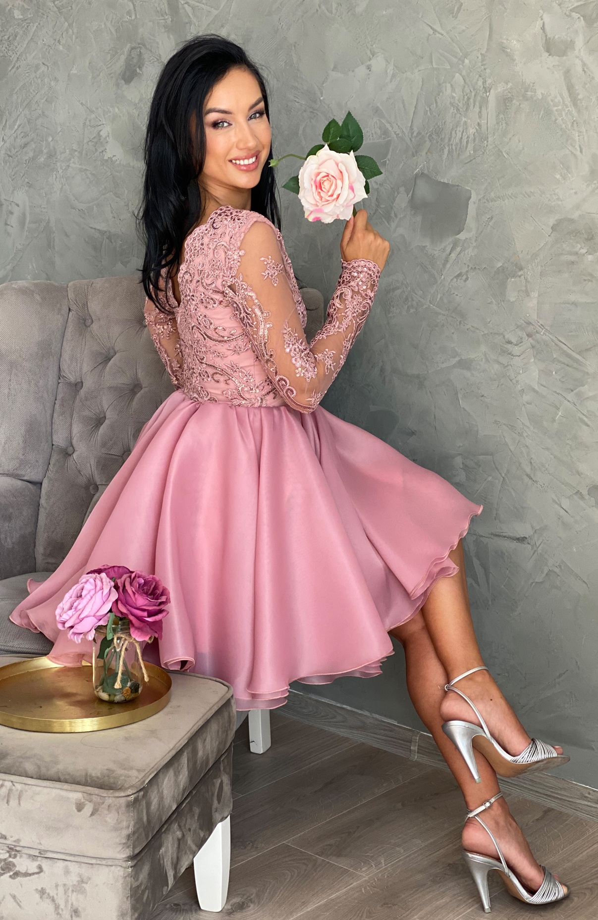 Rochie baby doll eleganta roz midi 4