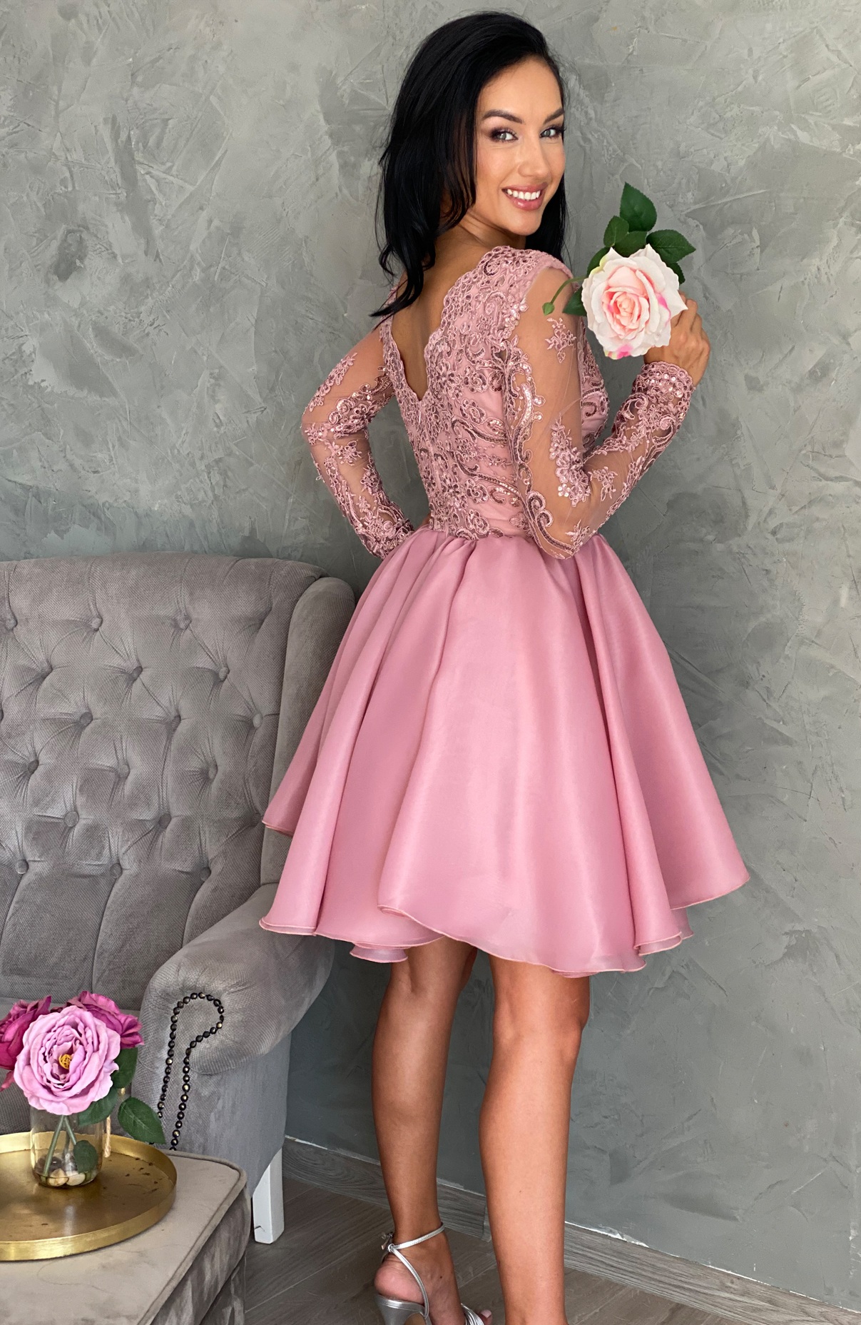 Rochie baby doll eleganta roz midi 6