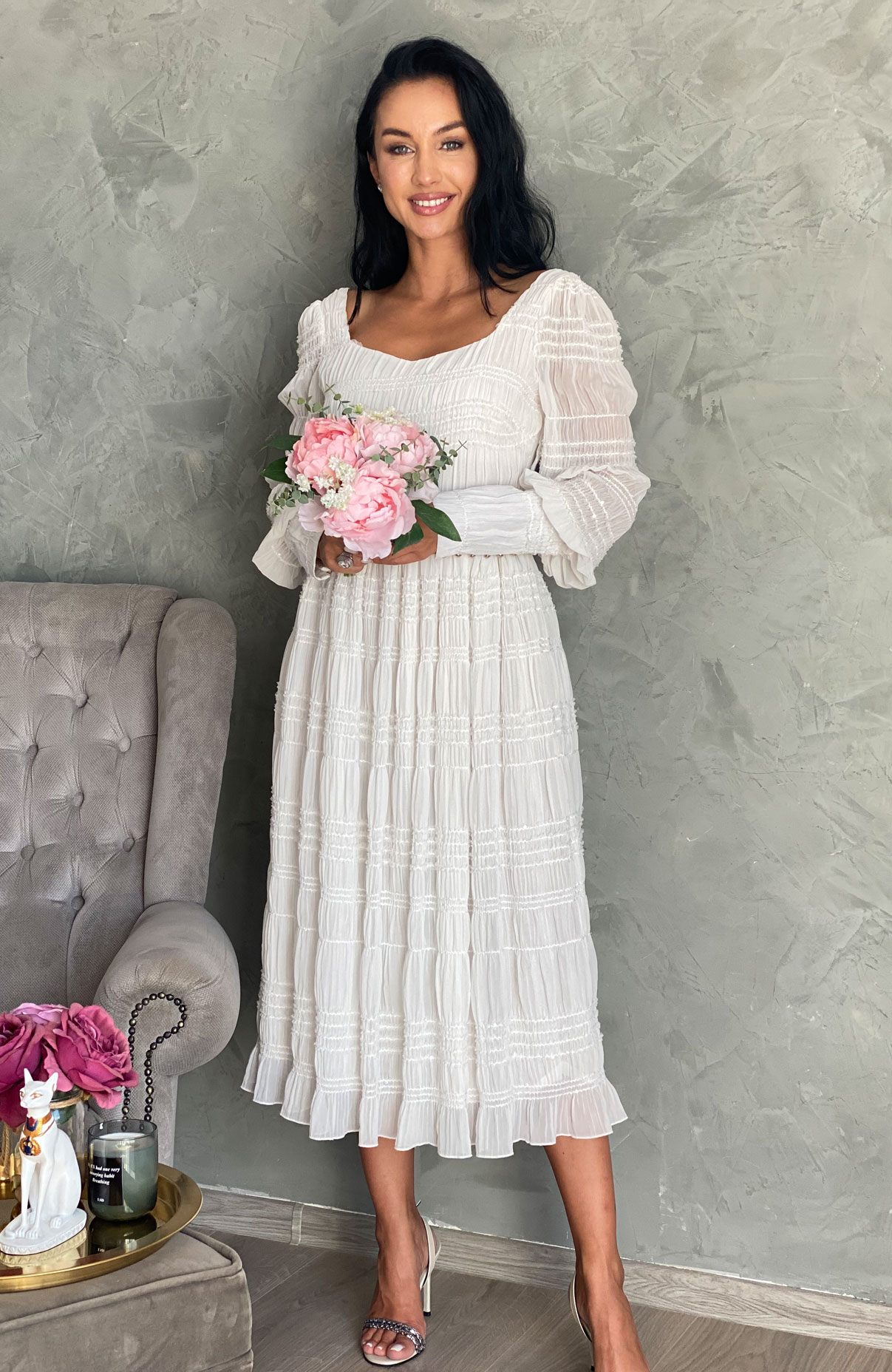 Rochie cununie civila alba cu mansete 4