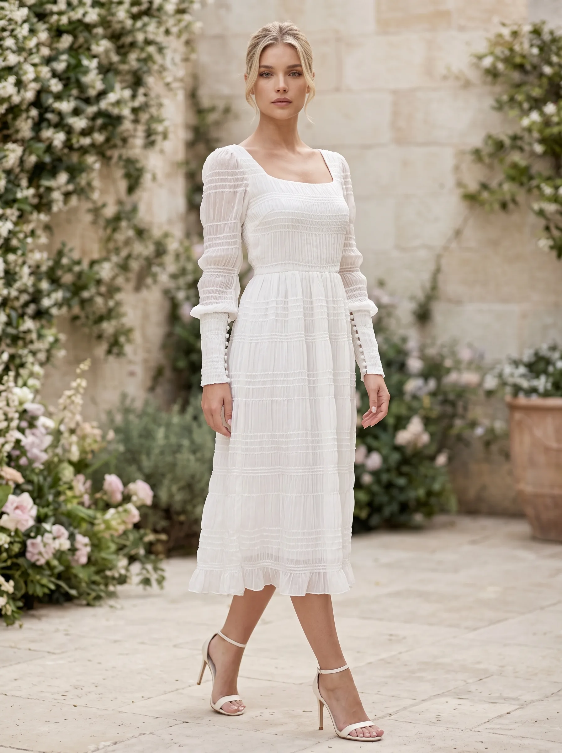 Rochie cununie civila alba cu mansete
