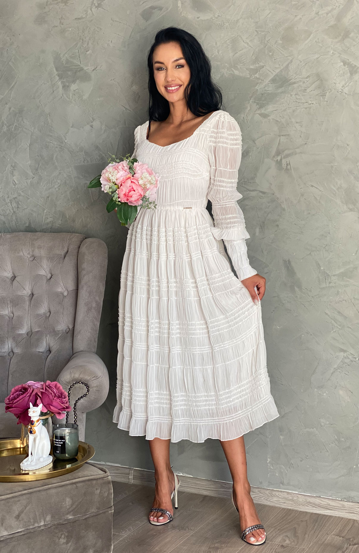 Rochie cununie civila alba cu mansete 3