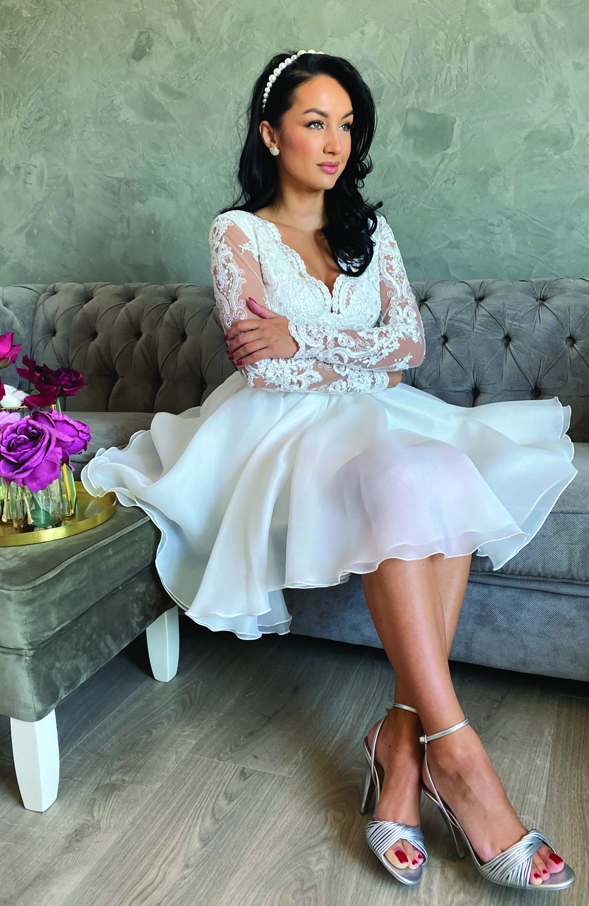 Rochie cununie civila alba midi cu dantela 6