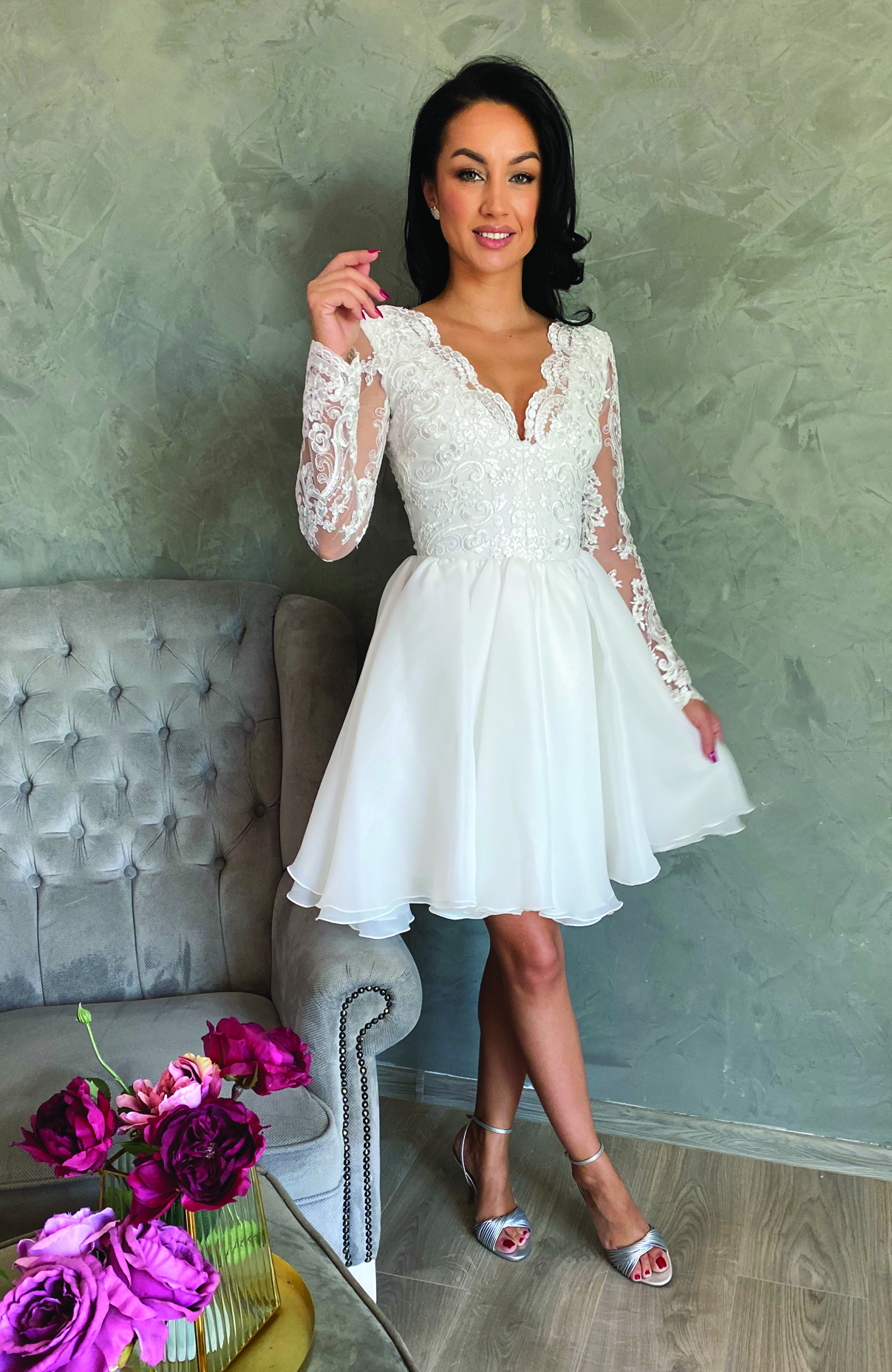 Rochie cununie civila alba midi cu dantela