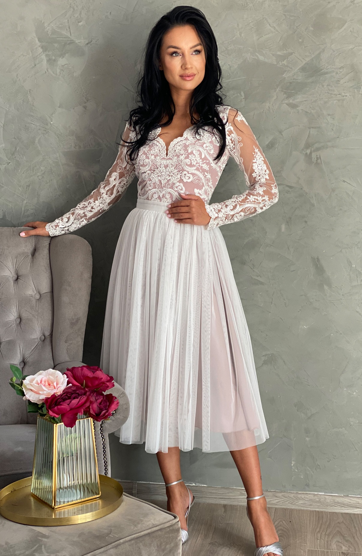 Rochie cununie civila alba midi cu dantela si tul 2