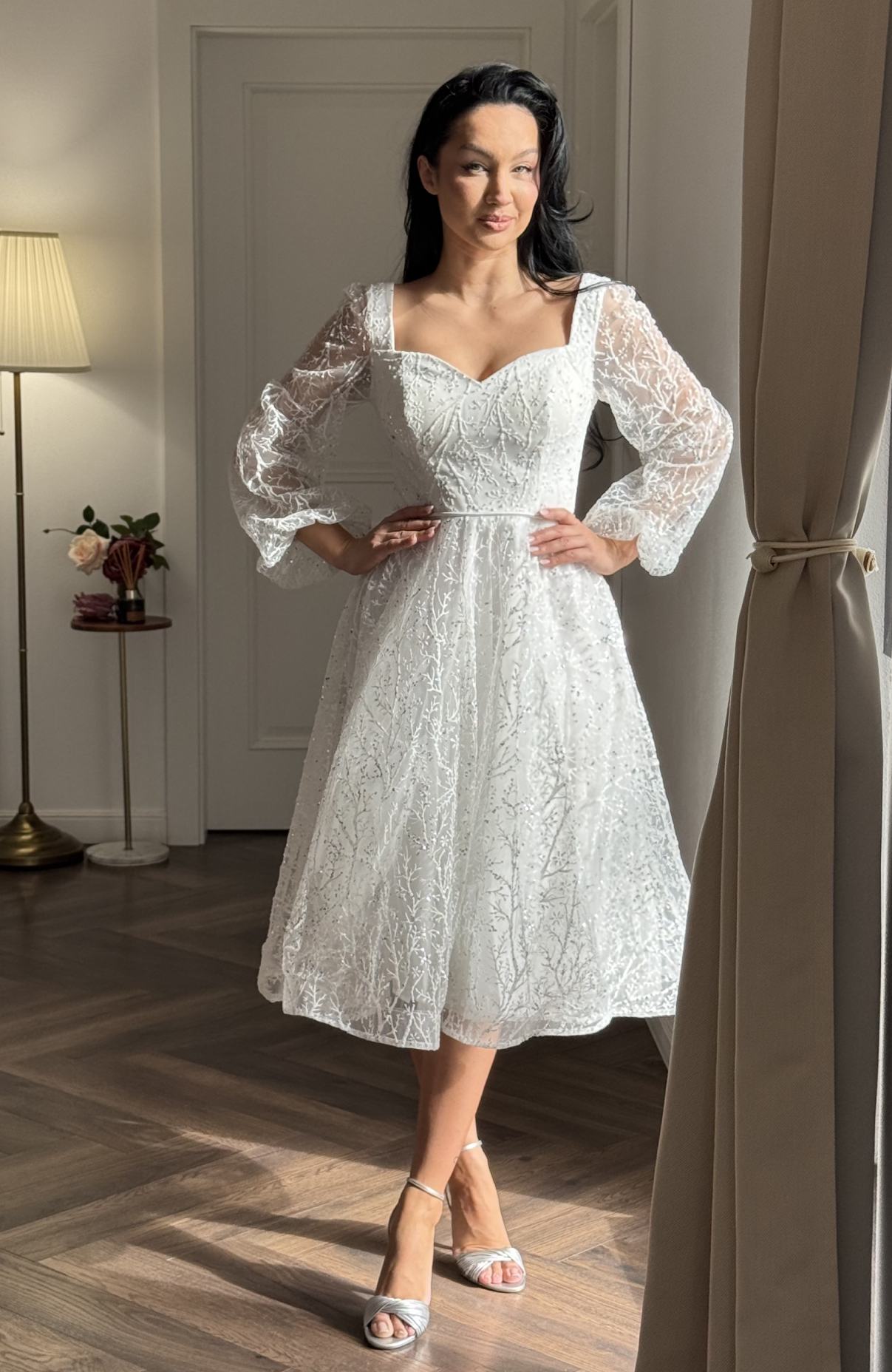 Rochie cununie civila alba midi cu sclipici si paiete 7