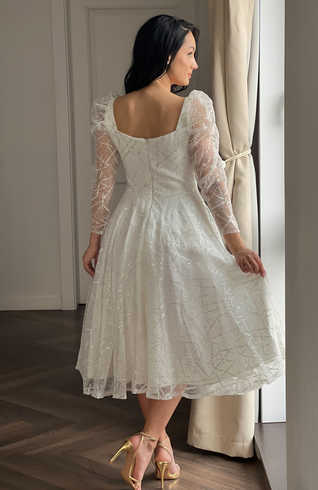 Rochie cununie civila alba midi cu sclipici 6