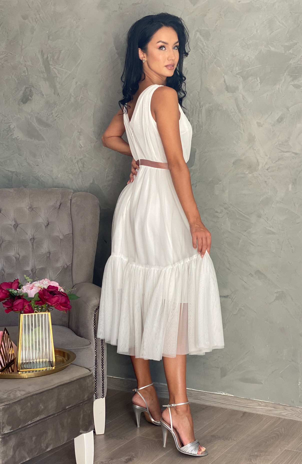 Rochie cununie civila alba midi din tull 4