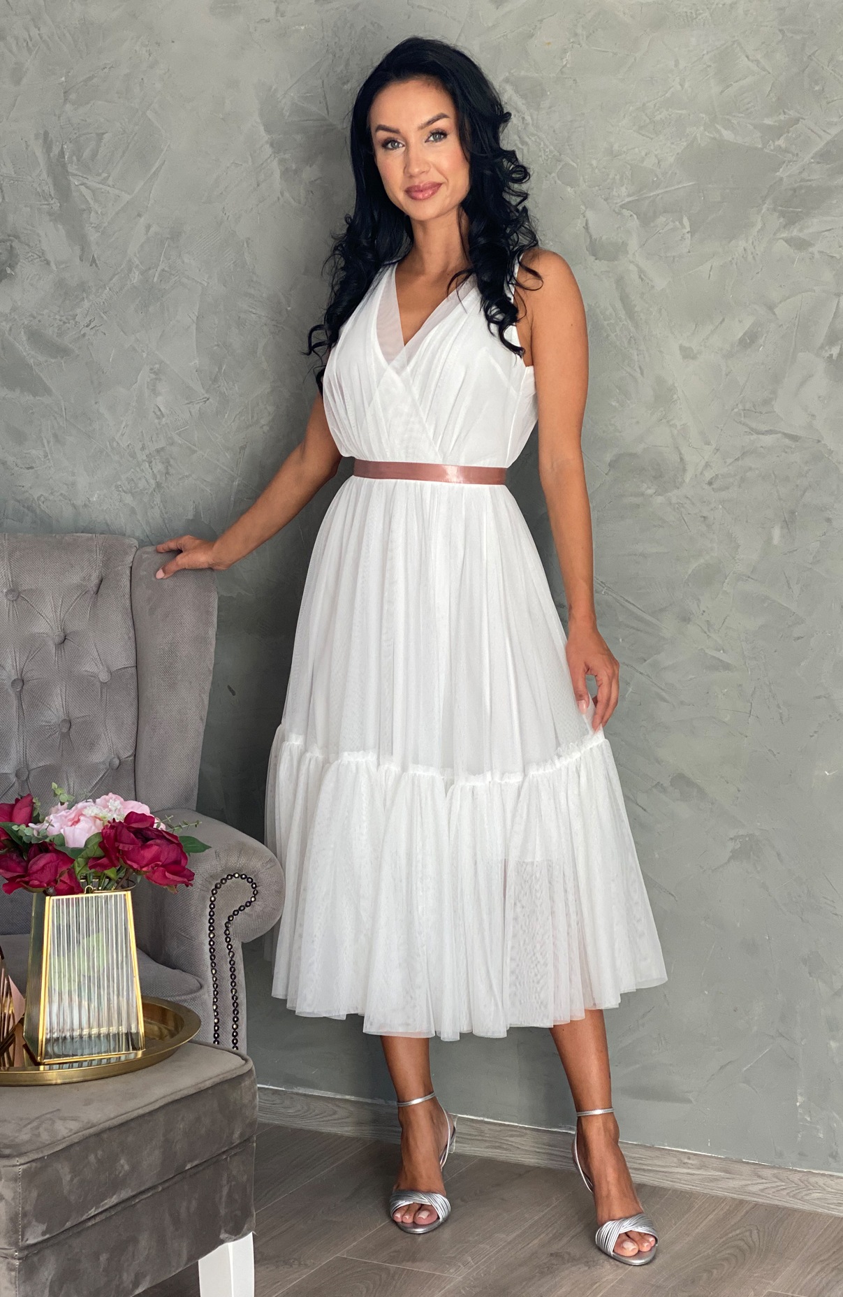 Rochie cununie civila alba midi din tull 2