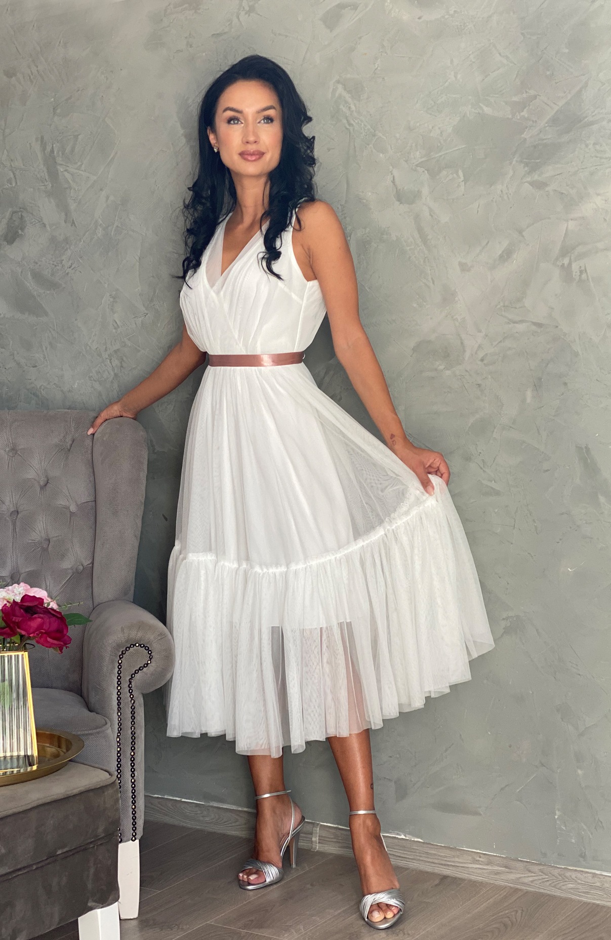 Rochie cununie civila alba midi din tull 3