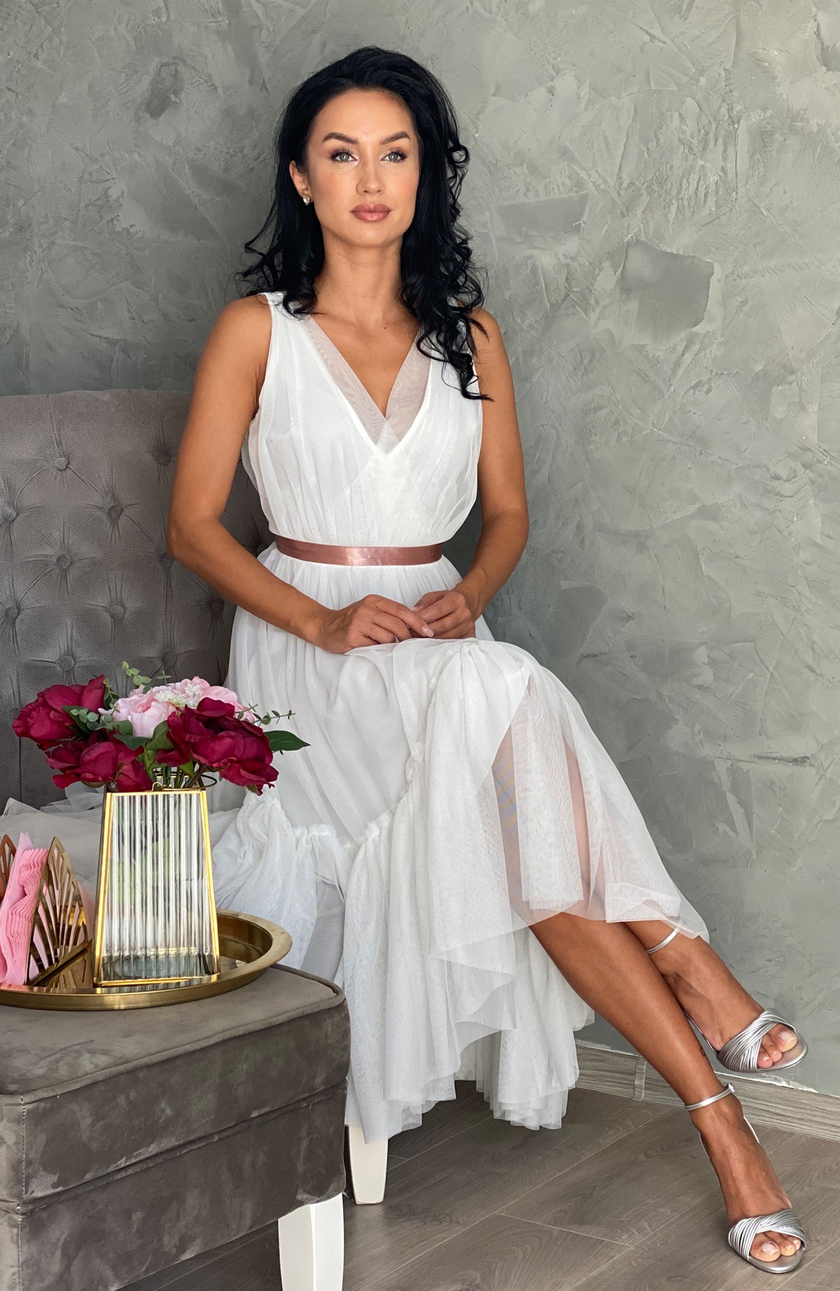 Rochie cununie civila alba midi din tull 6
