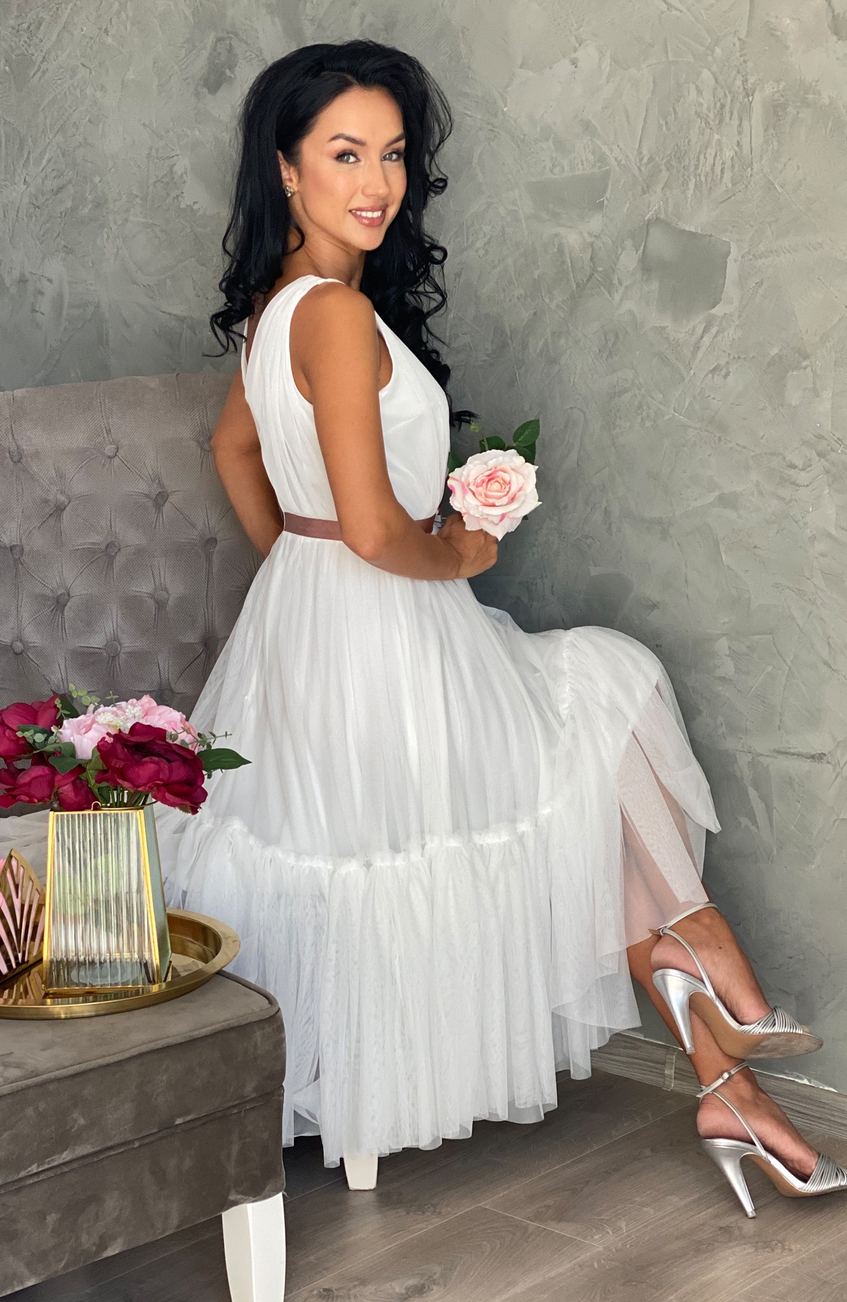 Rochie cununie civila alba midi din tull 5