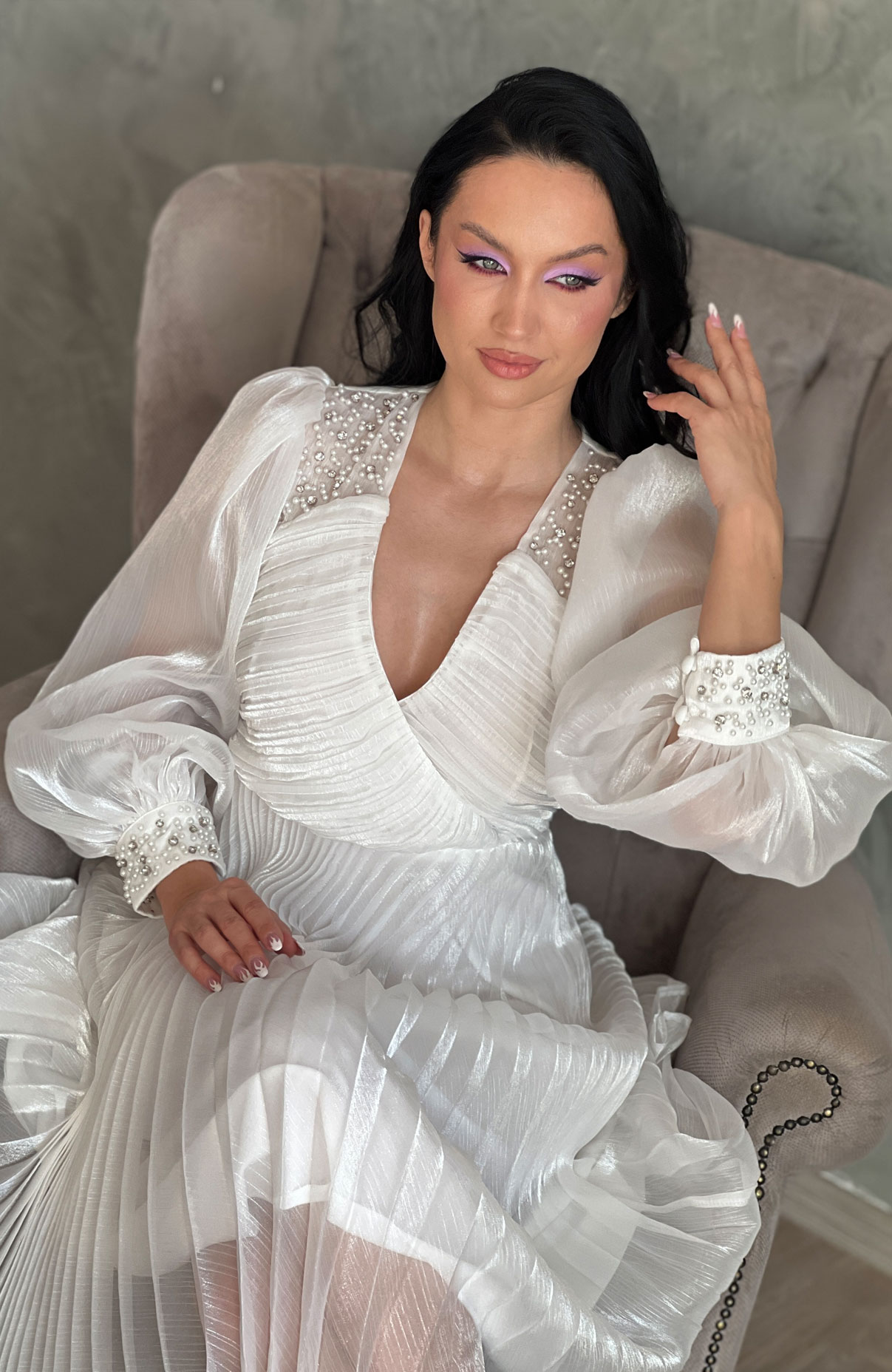 Rochie cununie civila alba plisata 4