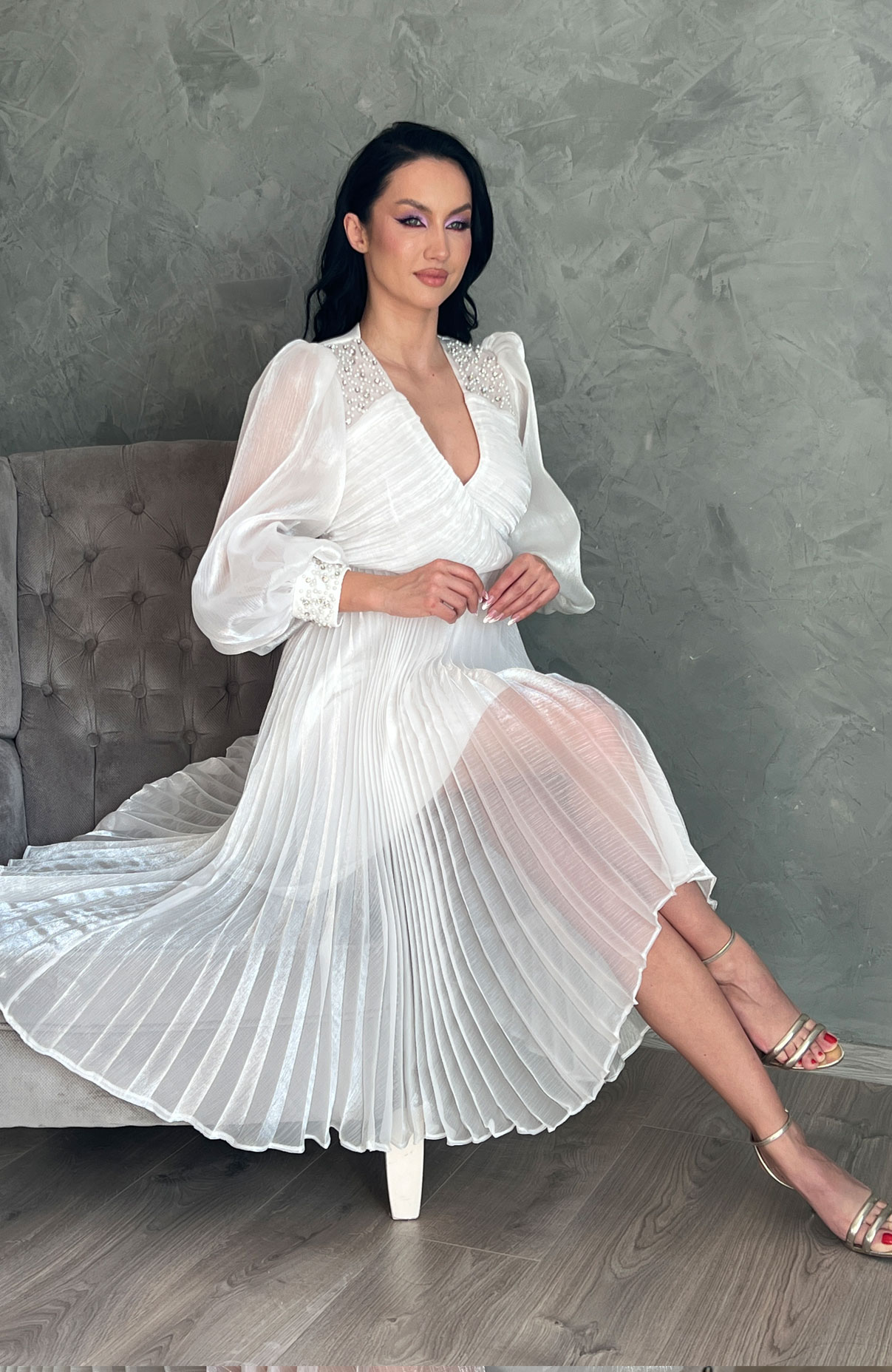 Rochie cununie civila alba plisata 5
