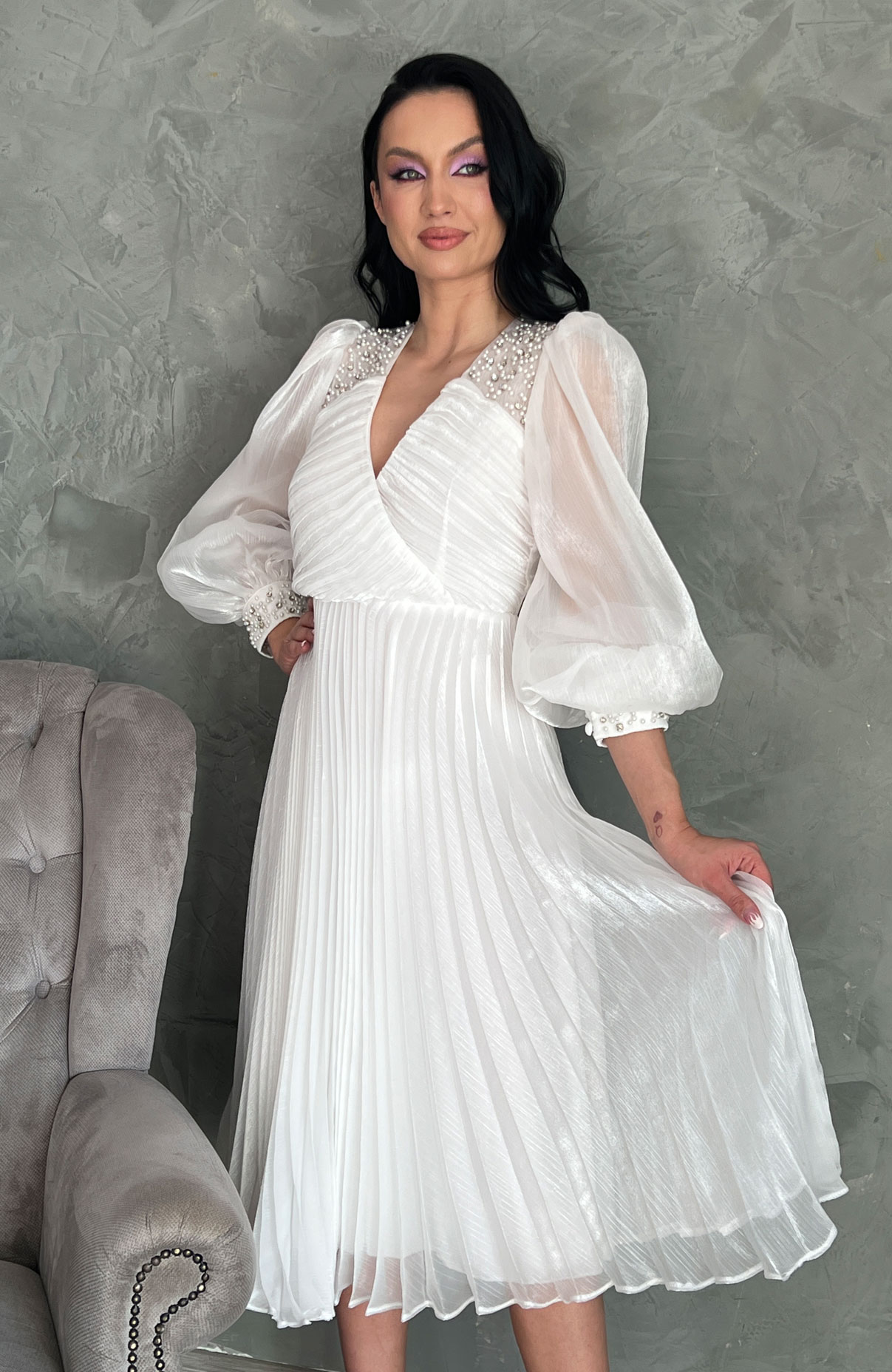 Rochie cununie civila alba plisata 6