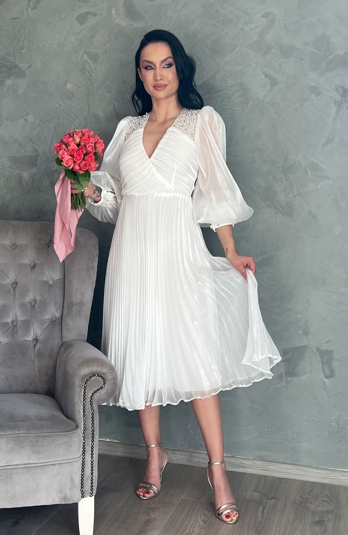 Rochie cununie civila alba plisata 2