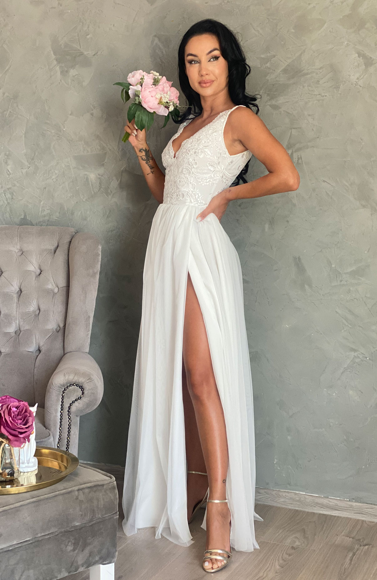 Rochie cununie civila lunga alba cu dantela 4