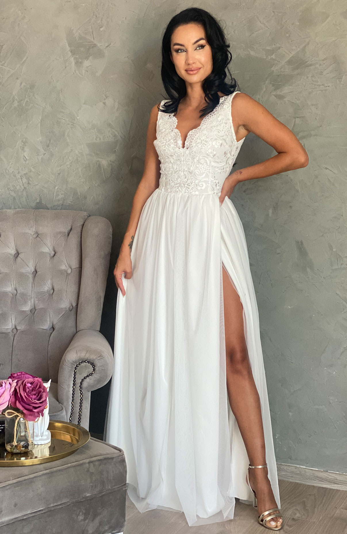 Rochie cununie civila lunga alba cu dantela