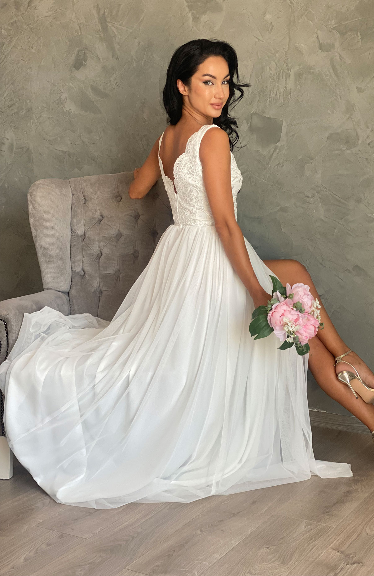 Rochie cununie civila lunga alba cu dantela 7