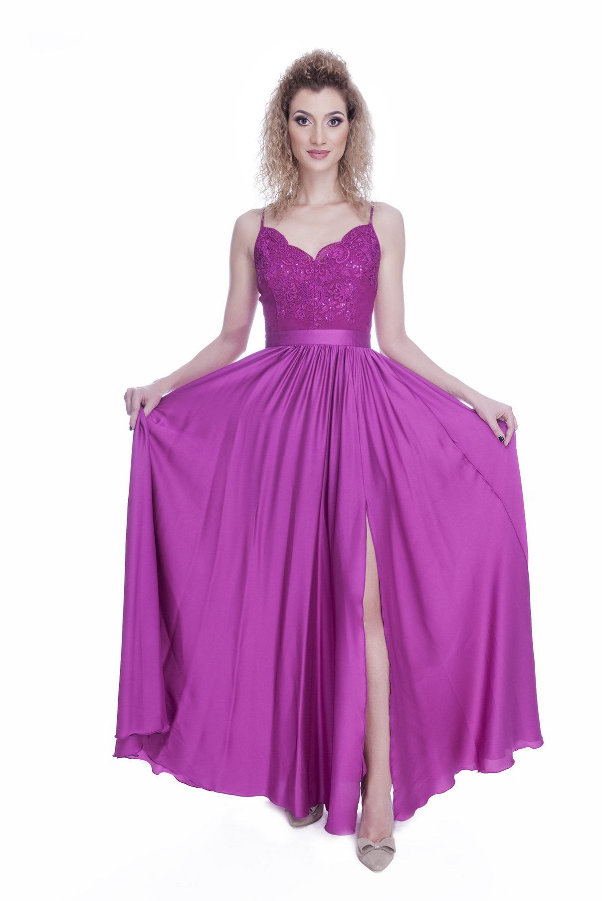 Rochie dantela si voal fucsia 2