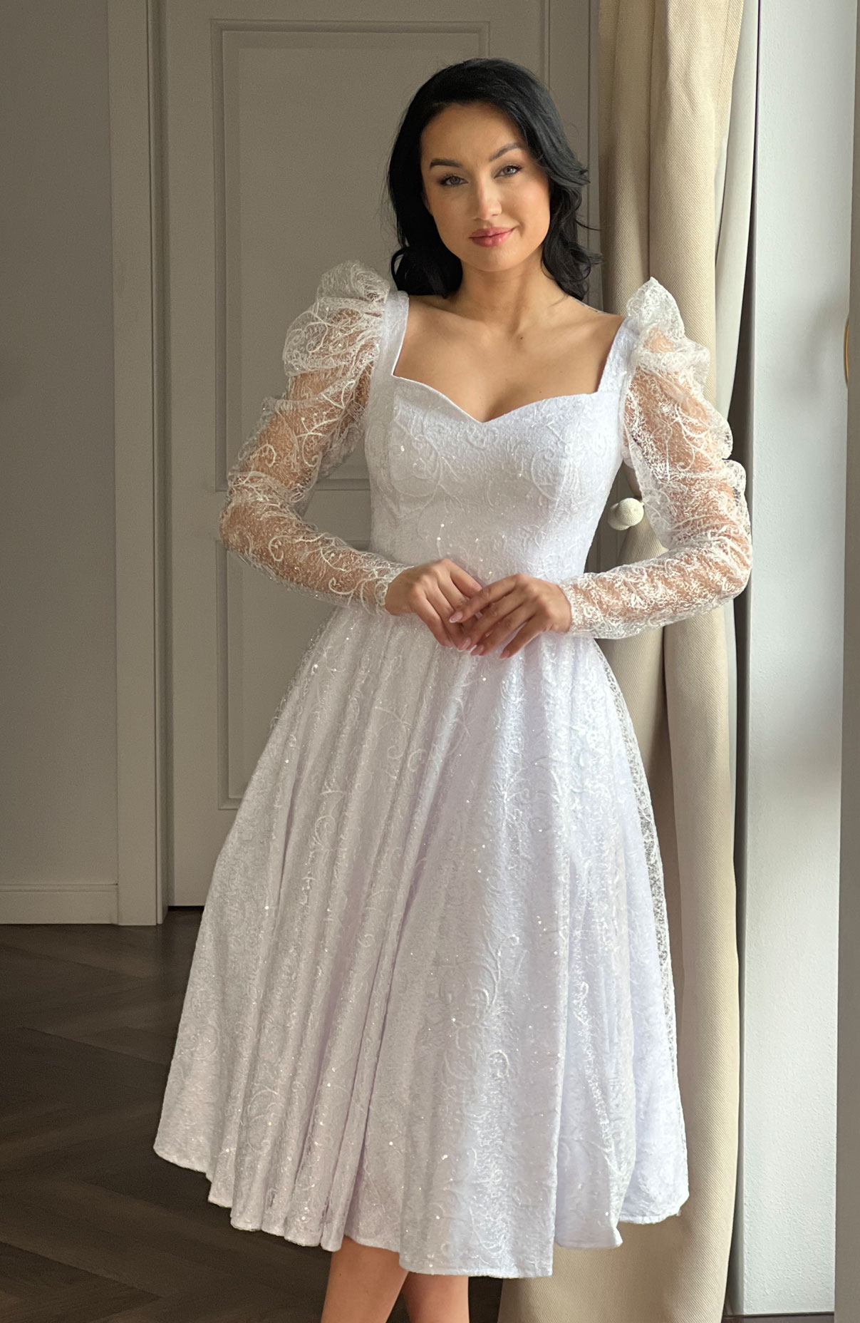 Rochie de cununie alba din dantela cu maneci lungi 2