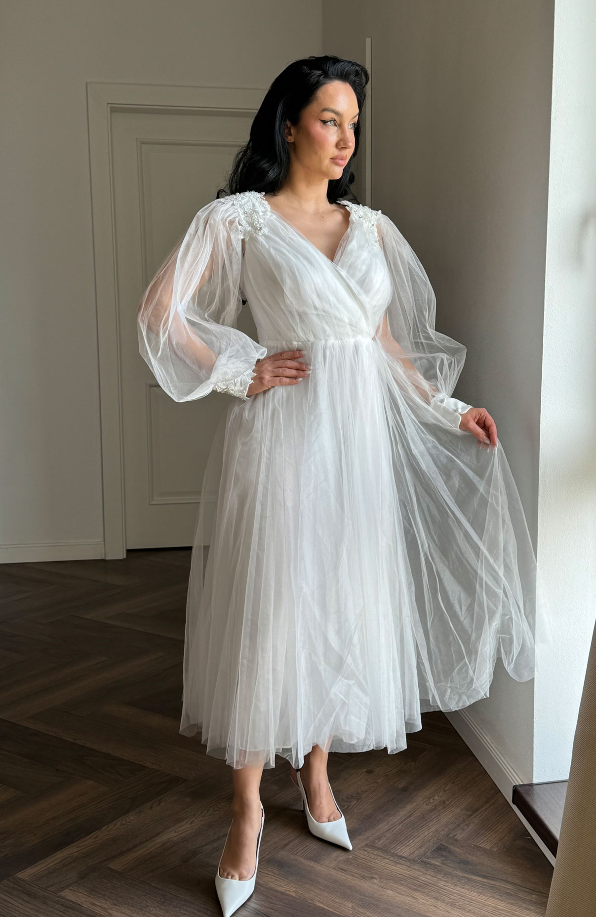 Rochie de cununie alba din tull midi 3