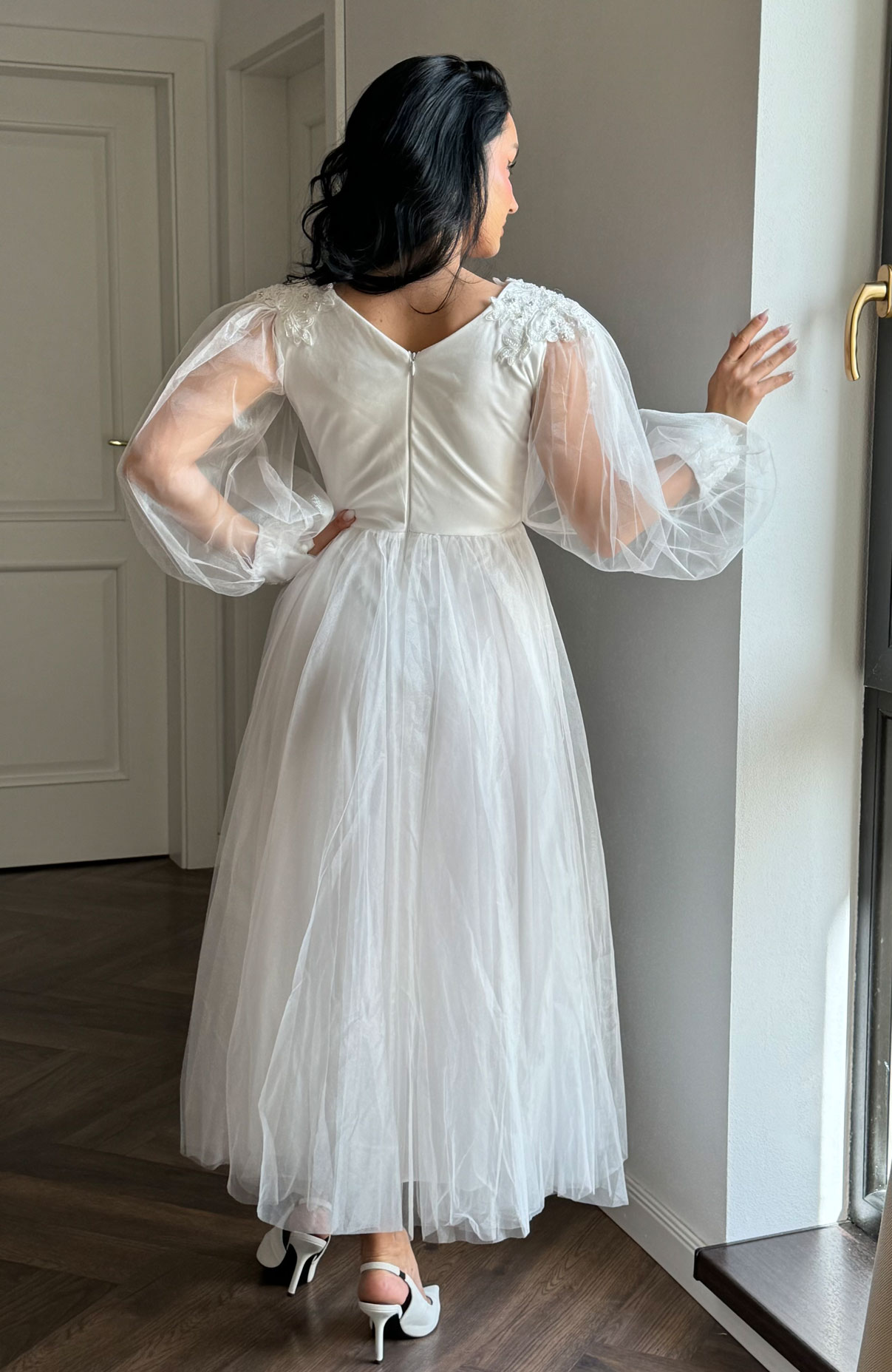 Rochie de cununie alba din tull midi 5