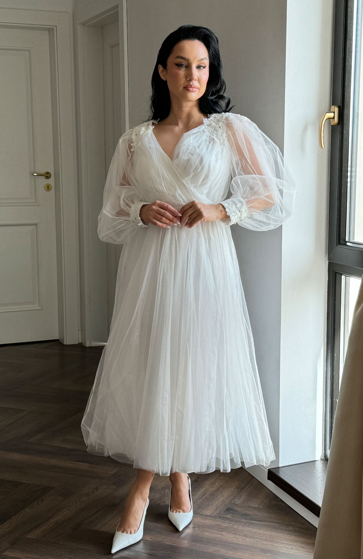 Rochie de cununie alba din tull midi 2