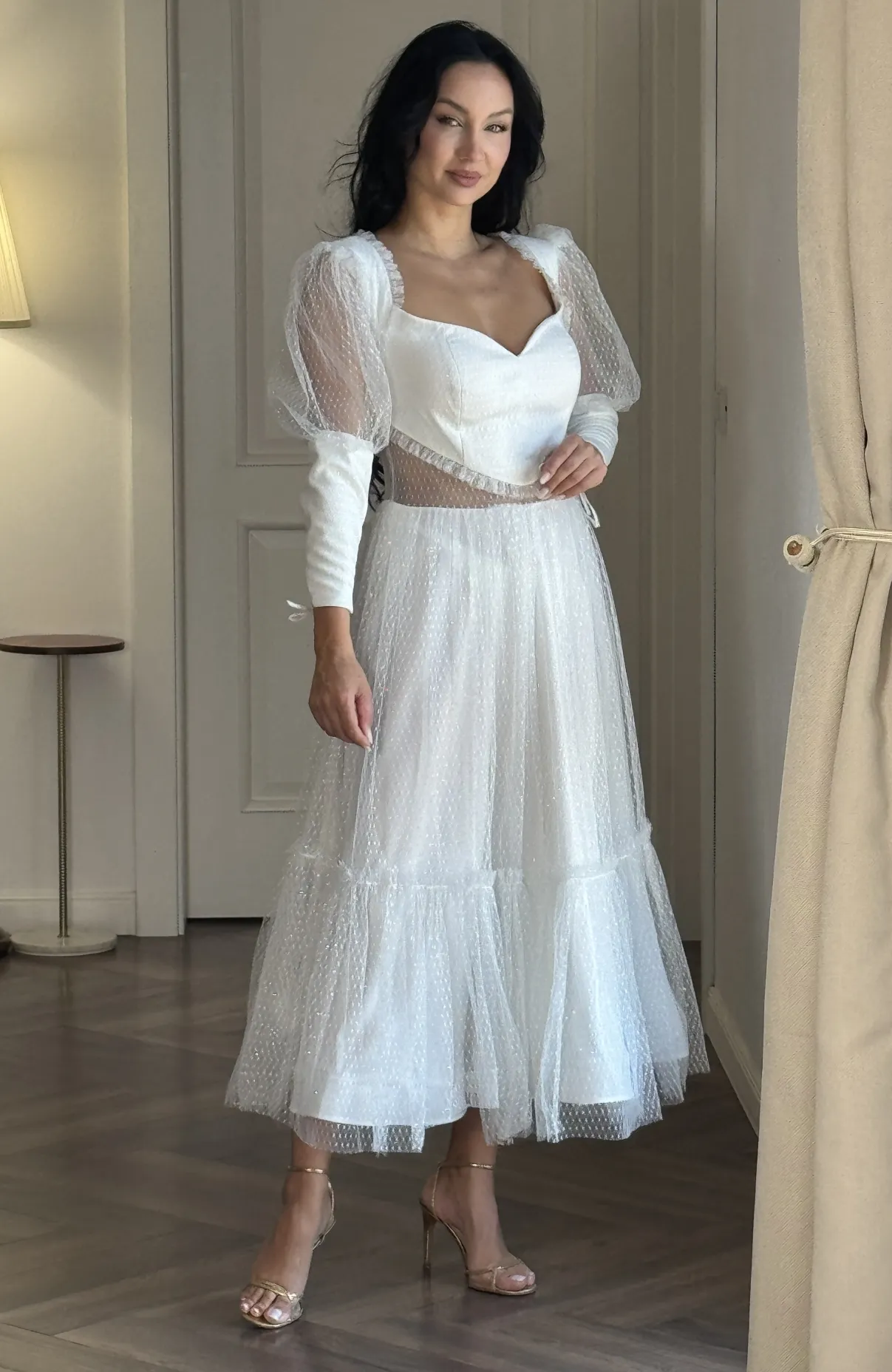 Rochie de cununie alba din tulle cu mansete 7