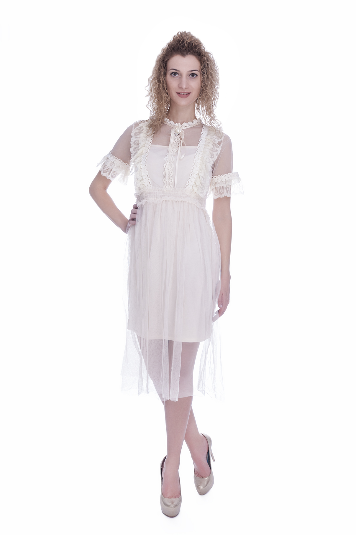 Rochie de ocazie crem cu maneca scurta si camee 3