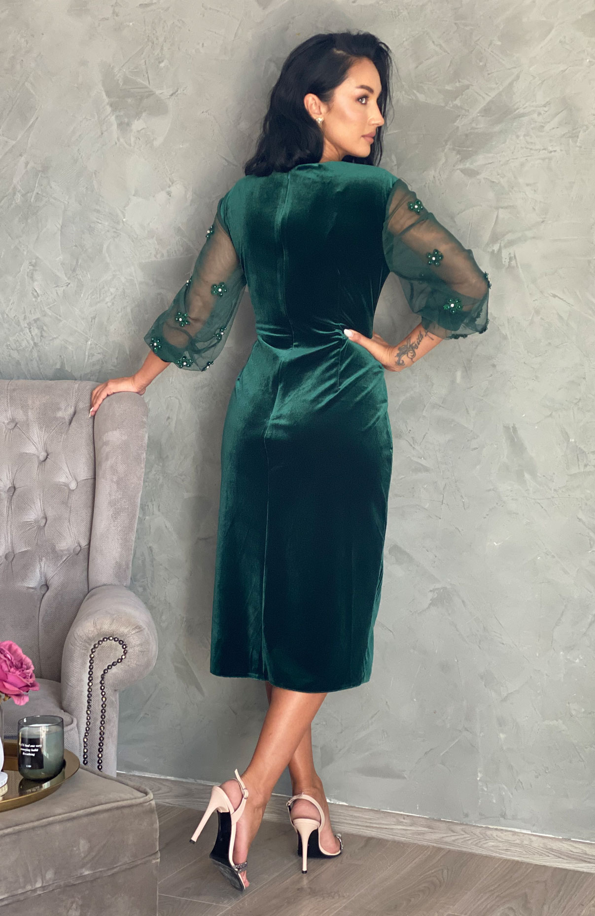 Rochie de ocazie din catifea verde cu aplicatii 5