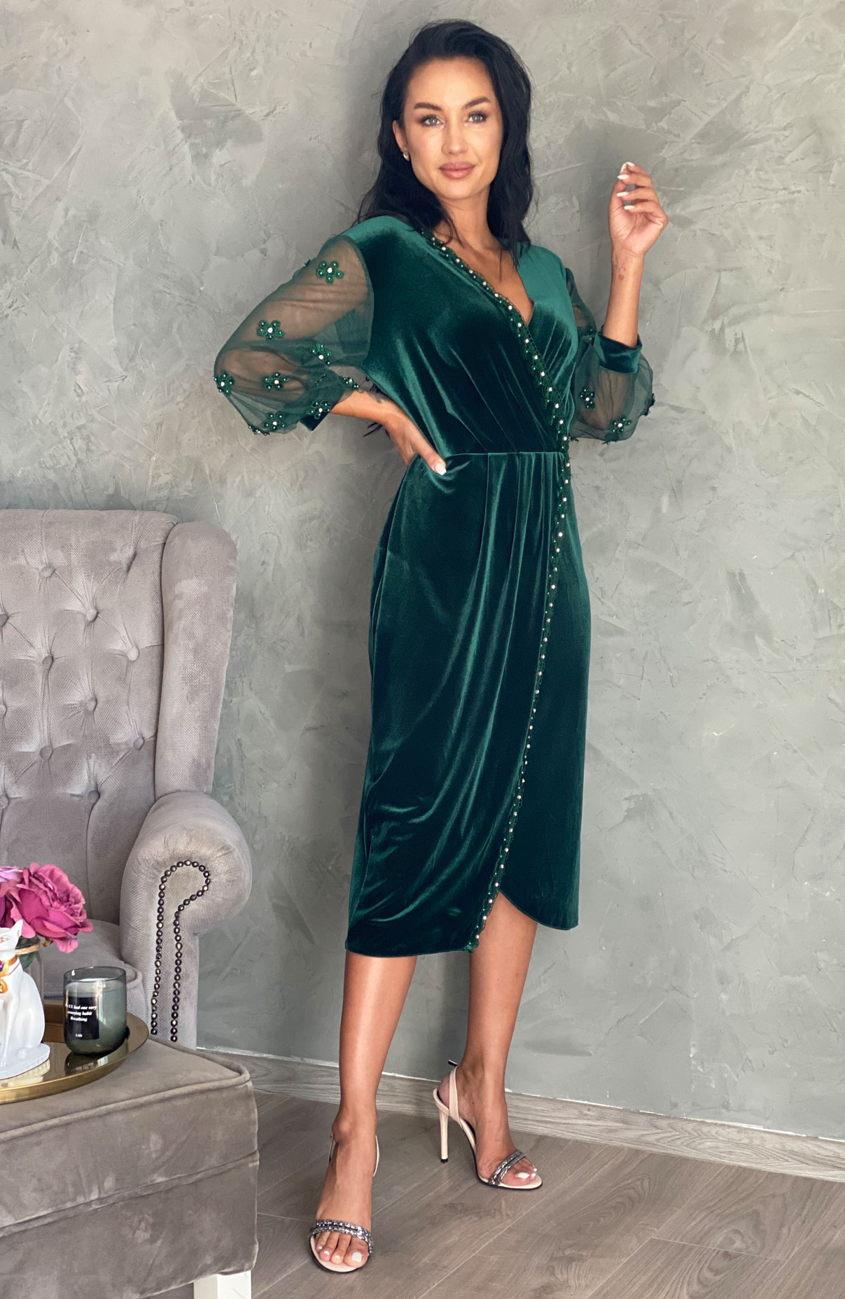 Rochie de ocazie din catifea verde cu aplicatii 4