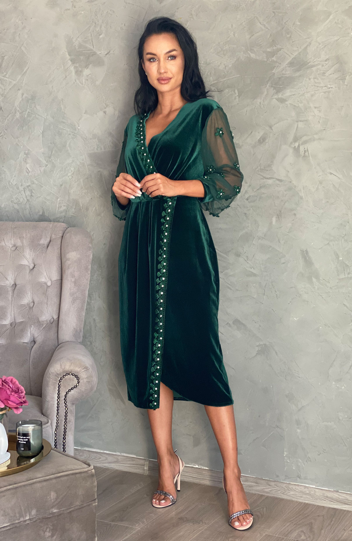 Rochie de ocazie din catifea verde cu aplicatii 2