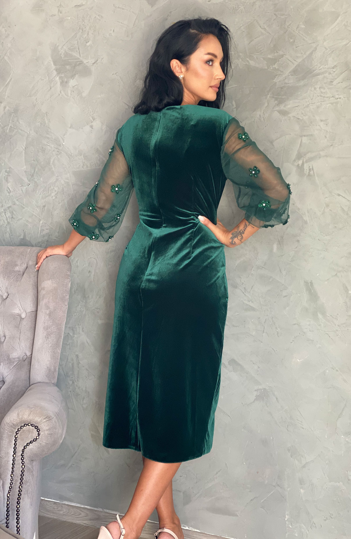 Rochie de ocazie din catifea verde cu aplicatii 6