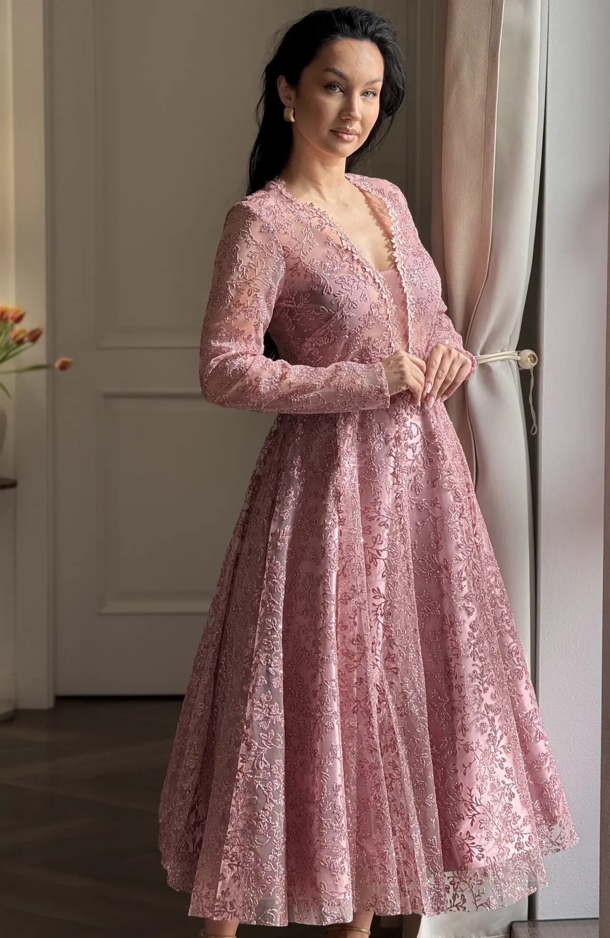 Rochie de ocazie din dantela roz midi 7