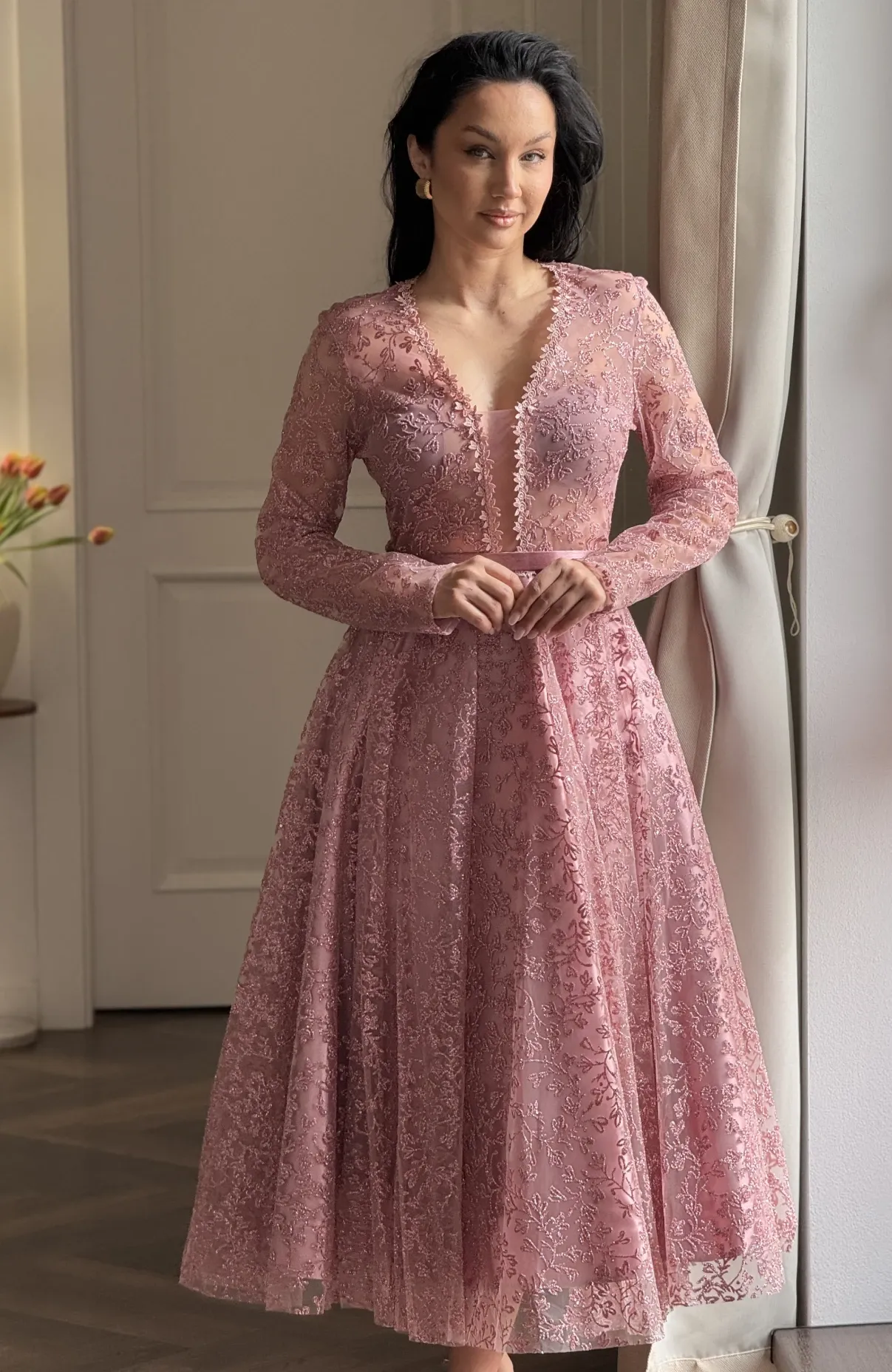 Rochie de ocazie din dantela roz midi 3
