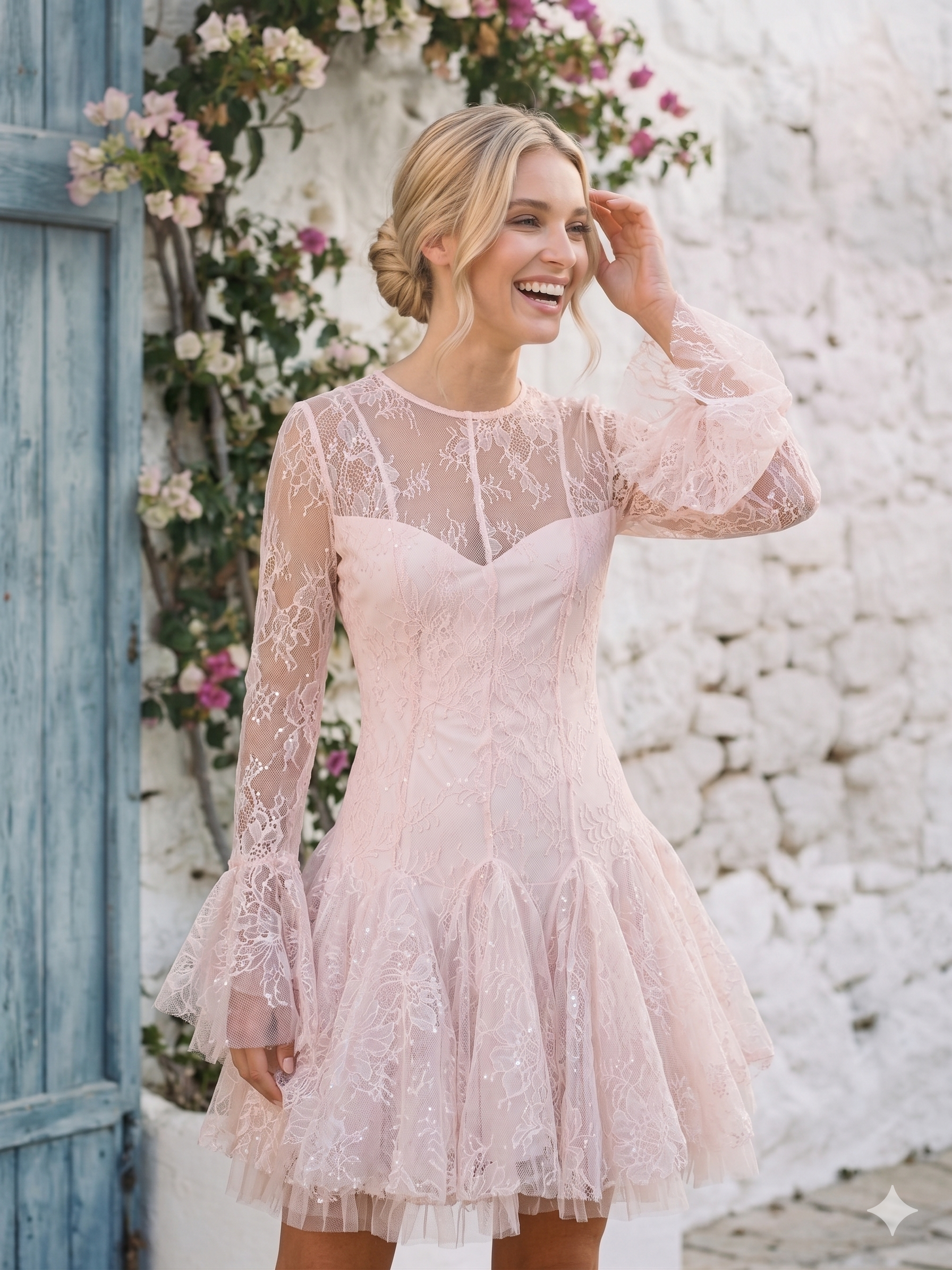 Rochie de ocazie din dantela roz pudrat