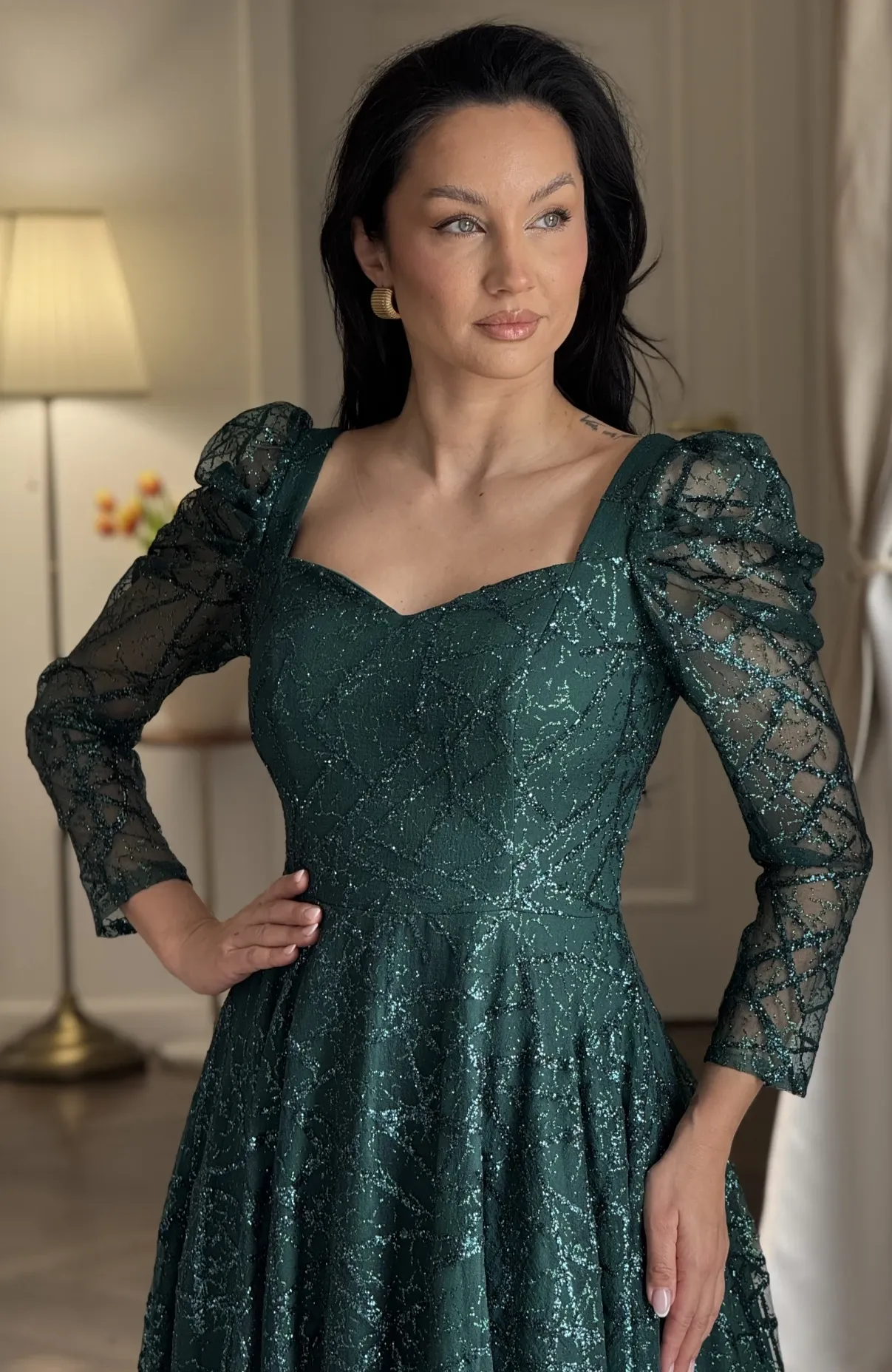 Rochie de ocazie din dantela verde cu sclipici midi 3