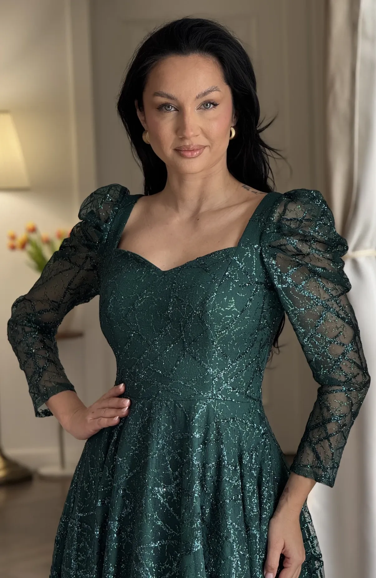 Rochie de ocazie din dantela verde cu sclipici midi 5