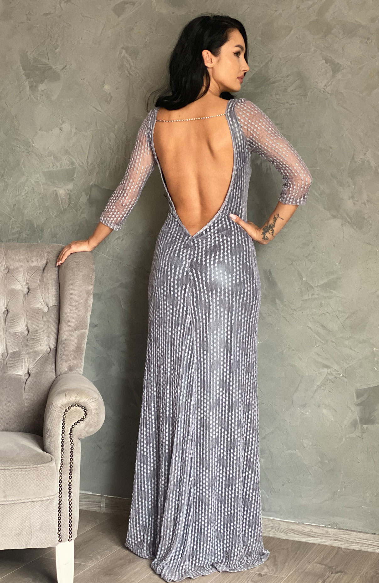 Rochie de ocazie lunga gri cu spatele decupat 5