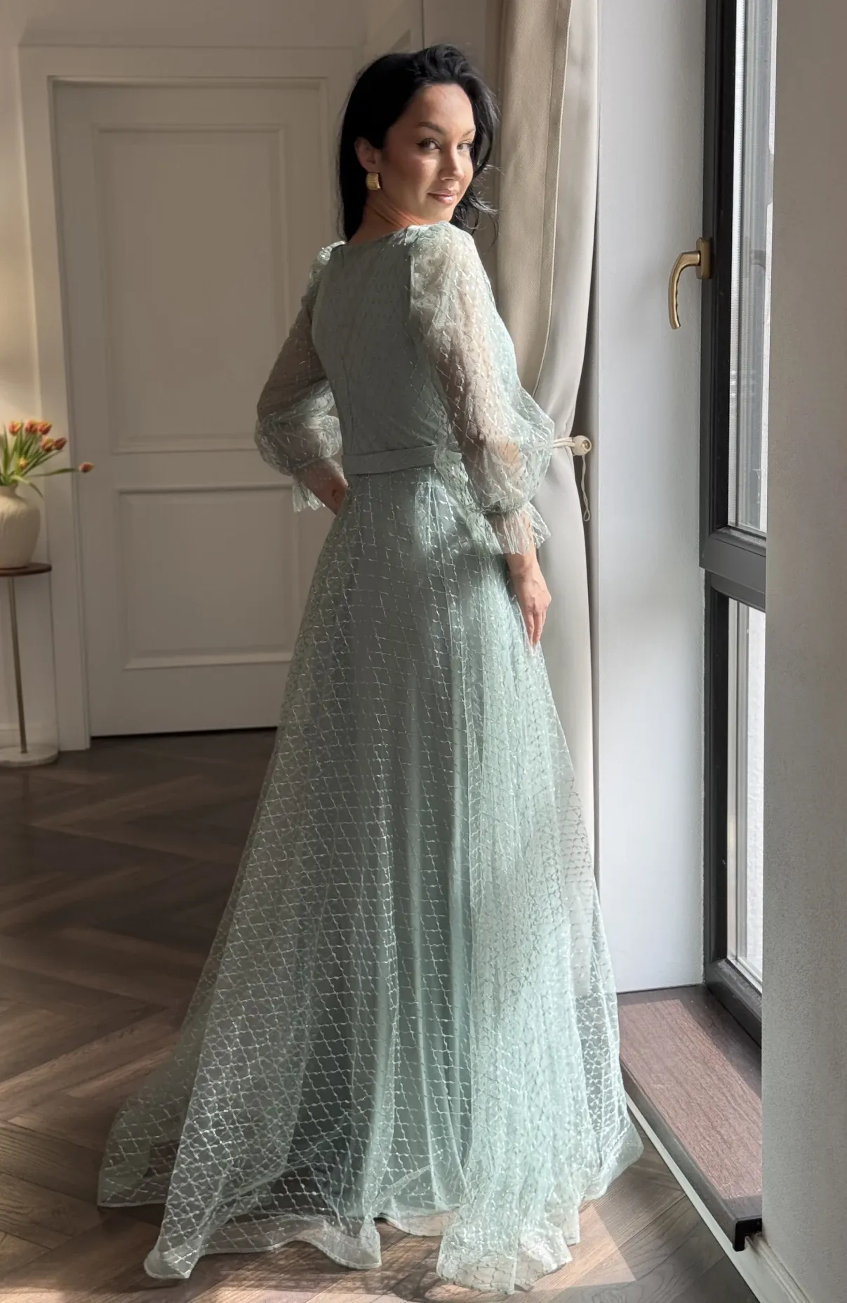 Rochie de ocazie lunga verde menta din tull 4